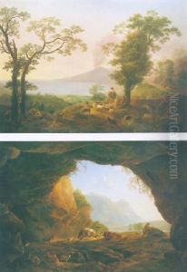 A View Of The Bay Of Naples With Drovers And Their Animals Crossing A Bridge