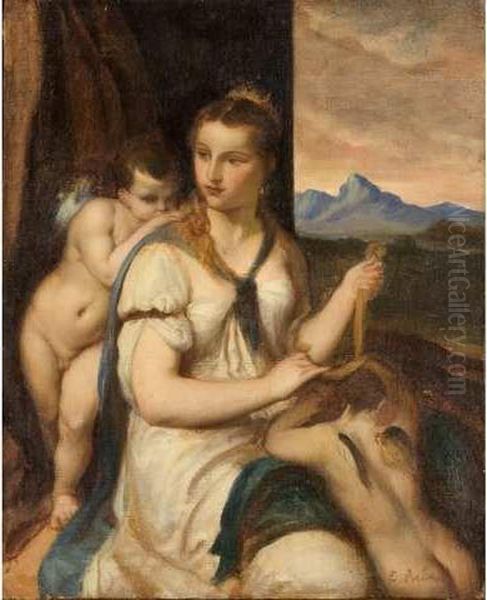 Arbeit E.(1824-1900) Venus Bandant Les Yeux A L Amour (d Apres Letitien). Huile Sur Toile Signee En Bas A Droite. 46 - view 1