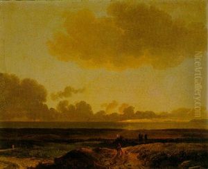 A Coastal Landscape At Sunset With A Rider And Dog In The Foreground by Simon-Joseph-Alexandre Clement Denis