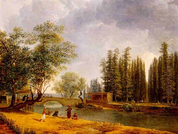 Turkish Landscape With Figures Gathered And Smoking On The Banks Of A River - view 1