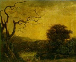 Italianate Wooded Landscape With Figures Resting Beside A River by Simon-Joseph-Alexandre Clement Denis