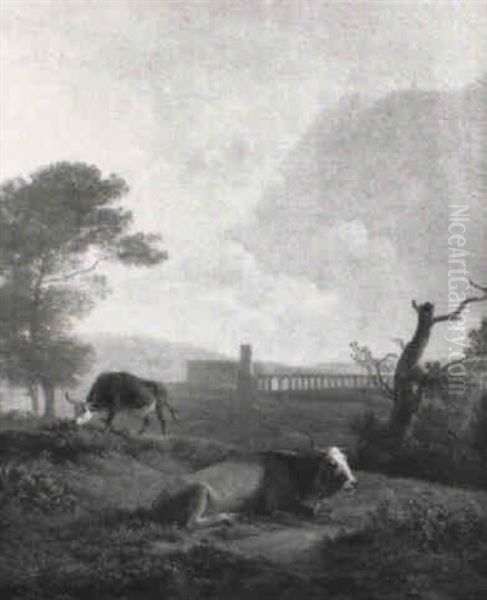 Italiaans Landschaap Met Aquaduct En Koeien - view 1