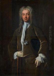 Portrait Of John Walsh The Younger, Three-quarter-length, In A Buff Suit, Holding A Cane And Hat by Balthazar Denner