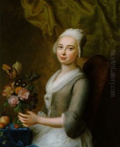 Bildnis Eines Jungen Madchens Sitzend An Einem Tisch Mit Einem Blumenstraus In Einer Glasernen Vase