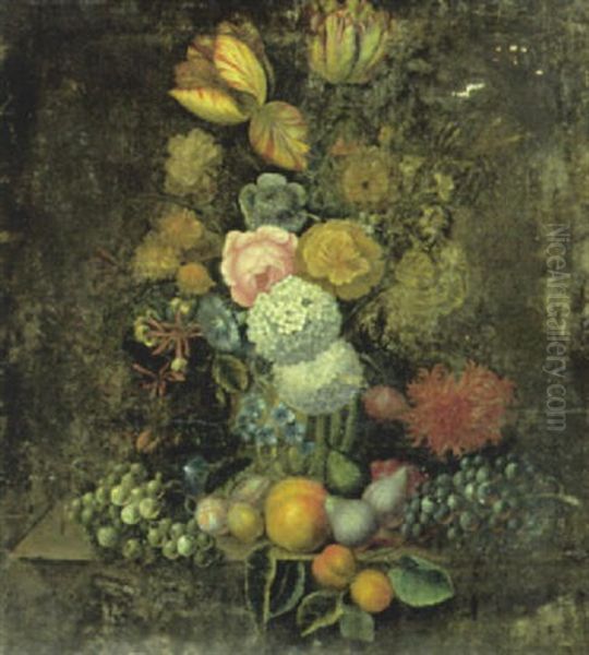 Stilleben Mit Blumen In Steinvase Und Fruchten - view 1