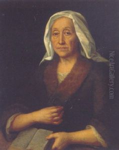 An Elderly Woman In A Fur-lined Brown Dress With Lace Chemise And A Veil, Holding A Pair Of Spectacles And A Book