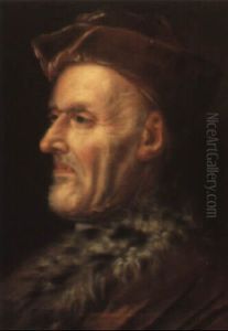 Portrait Of A Bearded Old Man Wearing A Brown Hat And Fur-trimmed Coat by Balthazar Denner