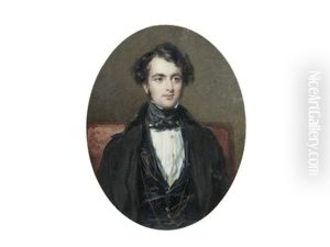 A Gentleman, Seated And Wearing Brown Coat, Purple Waistcoat, White Chemise, Gold Watch Chain And Black Tied Stock