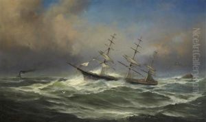 Three Masted Clipper In Rough Seas With Tug In The Distance by Gideon Jacques Denny