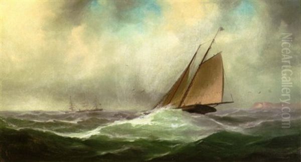 A Sailboat With Larger Vessels In The Distance - view 1
