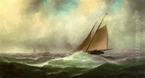 A Sailboat With Larger Vessels In The Distance by Gideon Jacques Denny