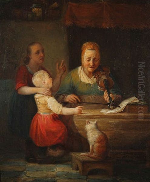 Vieille Violoniste, Enfants Chantant Et Chat - view 1