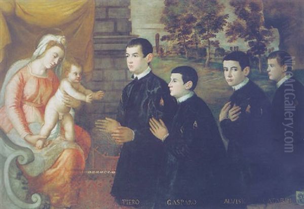 La Madonna Col Bambino E Quattro Ritratti Su Uno Sfondo Di Paesaggio - view 1