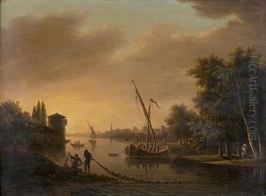 Pecheurs Et Navires Dans Un Estuaire
