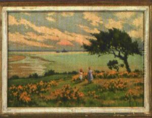 Mutter Und Kind Blicken Ubers Weite Meer by Albert Depre
