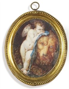 Cupid And The Lion, Cupid Holding A Blue Silk Blindfold Resting On The Tamed Lion... by Christopher Deram