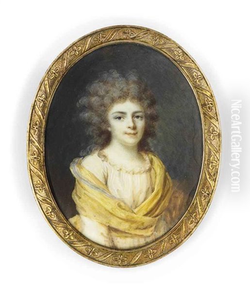 A Young Lady, In White Dress With Frilled Collar, Wearing A Silver-bordered Yellow Shawl Across Her Shoulders, Crossing Over At Her Waist, Powdered Curling Hair - view 1
