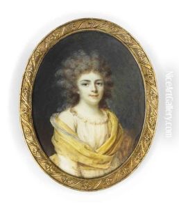 A Young Lady, In White Dress With Frilled Collar, Wearing A Silver-bordered Yellow Shawl Across Her Shoulders, Crossing Over At Her Waist, Powdered Curling Hair A Young Lady, In White Dress With Frilled Collar, Wearing A Silver-bordered Yellow Shawl Across Her Shoulders, Crossing Over At Her Waist, Powdered Curling Hair