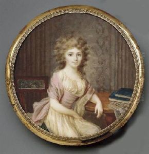A Young Lady Seated In An Interior Beside A Wooden Table With Books And Music, Facing Right, In White Silk Dress by Joseph (Derunton) Deranton