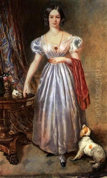 Portrait Einer Jungen Frau Mit Stopsellocken Im Schulterfreien Kleid, Zu Fusen Kleiner Hund - view 1