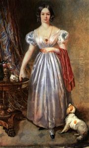 Portrait Einer Jungen Frau Mit Stopsellocken Im Schulterfreien Kleid, Zu Fusen Kleiner Hund by William Derby