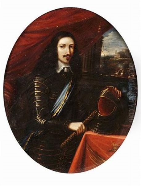 Portrait Of A Marshal In Armour, Holding A Baton Before A Curtain, A View To A Battle Beyond - view 1