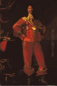 Portrait Of A Nobleman In A Red And Gold Embroidered Suit With The Cross Of Malta, A Cane In His Right Hand by Claude Deruet