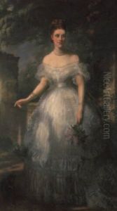 Full Length Portrait Of Emma Mary Ashton With Her Dog, In A Garden by Louis William Desanges