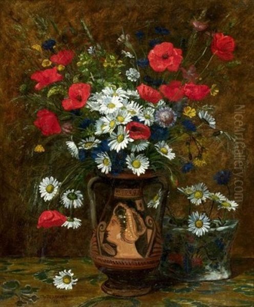 Bouquet De Coquelicots, Marguerites Et Autres Fleurs Dans Un Vase Grec - view 1