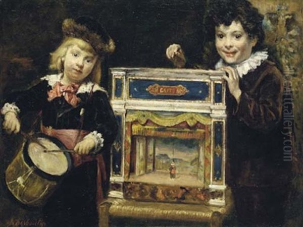 Les Deux Fils De L'artiste Jouant Avec Leur Theatre A Marionnettes - view 1