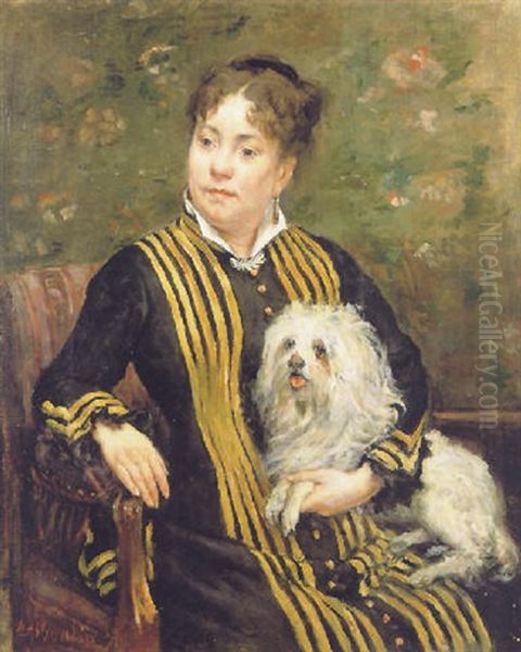 Femme Assise Tenant Son Chien Sur Ses Genoux - view 1
