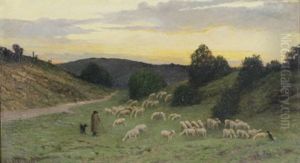 Schafer Mit Seiner Herde Bei Sonnenuntergang by Jean Alfred Desbrosses