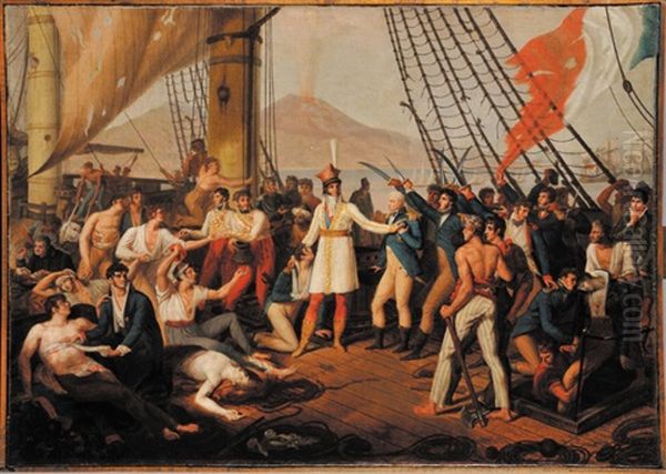 Le Roi Joachim Murat A Bord De La Fregate La Ceres, Distribue Des Recompenses Aux Blesses Apres Le Combat Du 27 Juin 1809 Et Fait Commandant Le Capitaine Bausan En Le Recompensant De La Croix De L"ordre Des Deux-siciles - view 1