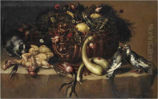 Natura Morta Con Ortaggi, Limoni, Colombe, Pollame E Un Gatto - view 1