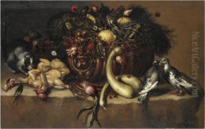 Natura Morta Con Ortaggi, Limoni, Colombe, Pollame E Un Gatto by Bartolomeo Arbotori