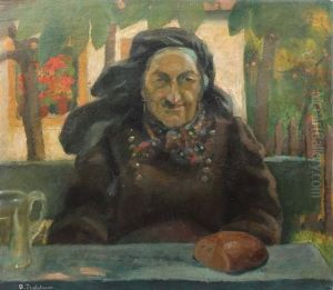 Frau An Einem Tisch In Bluhendem Garten Sitzend