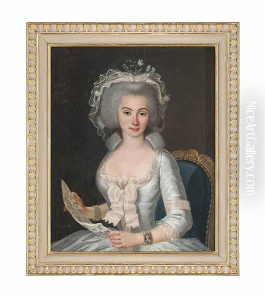 Portrait Of A Lady, Half-length, Seated In A White Dress With A Ribbon, Holding A Musical Score - view 1
