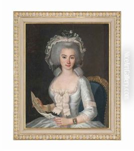 Portrait Of A Lady, Half-length, Seated In A White Dress With A Ribbon, Holding A Musical Score by Michel Pierre Descours
