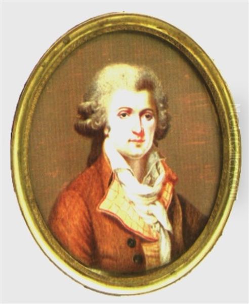 Portrait D'homme En Perruque Blanche, Redingote Brique Et Gilet Beige A Carreaux Rouges - view 1