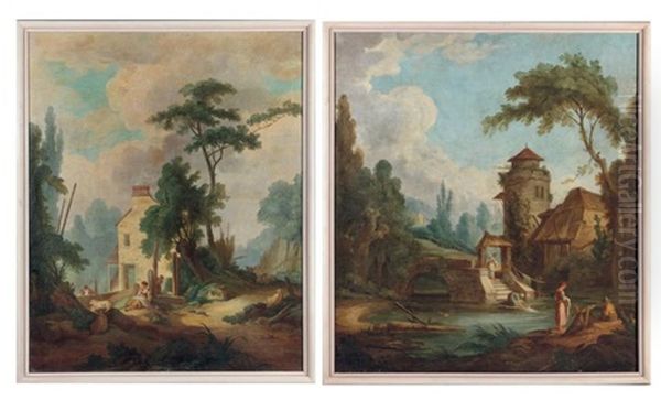 Paysage Aux Lavandieres Aupres D'une Tour (+ Paysage A La Bergere Aupres D'une Petite Ferme; 2 Works) - view 1