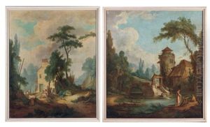 Paysage Aux Lavandieres Aupres D'une Tour (+ Paysage A La Bergere Aupres D'une Petite Ferme; 2 Works) by Aignan Thomas Desfriches