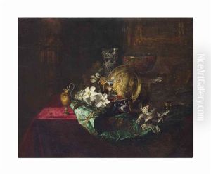 Flowers, A Crystal Goblet, A Gold Charger, An Alabaster Goblet And An Enamelled Plaque On A Green Satin Robe On A Draped Table
