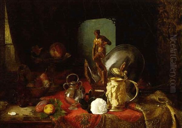 A Still Life With Fruit, Objets D'arts And A White Rose On A Table - view 1