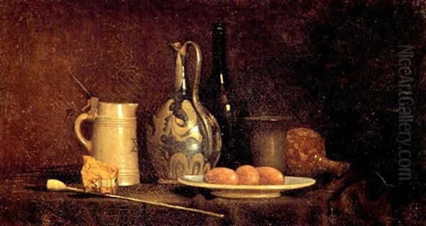 Nature Morte Aux Pichets Et Assiette Bleue Sur Un Entablement - view 1