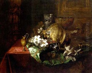 Flowers, A Crystal Goblet, A Gold Charger, An Alabaster Goblet And An Enamelled Plaque On A Green Satin Robe On A Draped Table