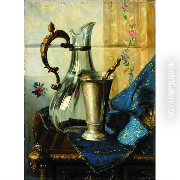 A Still Life With An Ewer And A Silver Cup On A Desk - view 1