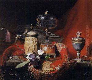 A Silver-mounted Ivory Tankard, A Renaissance Silver-gilt-mounted Agate Cup And A Renaissance Etched Glass On An Agate Stand With An Iris On A Draped Marble Ledge by Blaise Alexandre Desgoffe