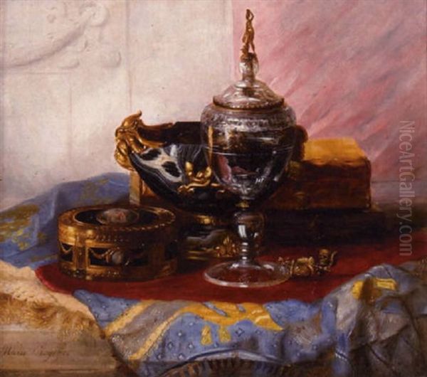 A Still Life With A Lady's Gold Box, A Crystal Chalice And Other Objects On A Table - view 1