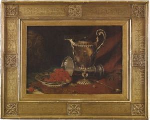 Still Life With Central Ewer, Plate Of Red Raspberries And Grapes, Beside A Silver Spoon And Overturned Tankard