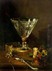 A Still Life With An Etched Baccarat Goblet, A Gold Bangle, Pansies And Secaturs On A Tabletop